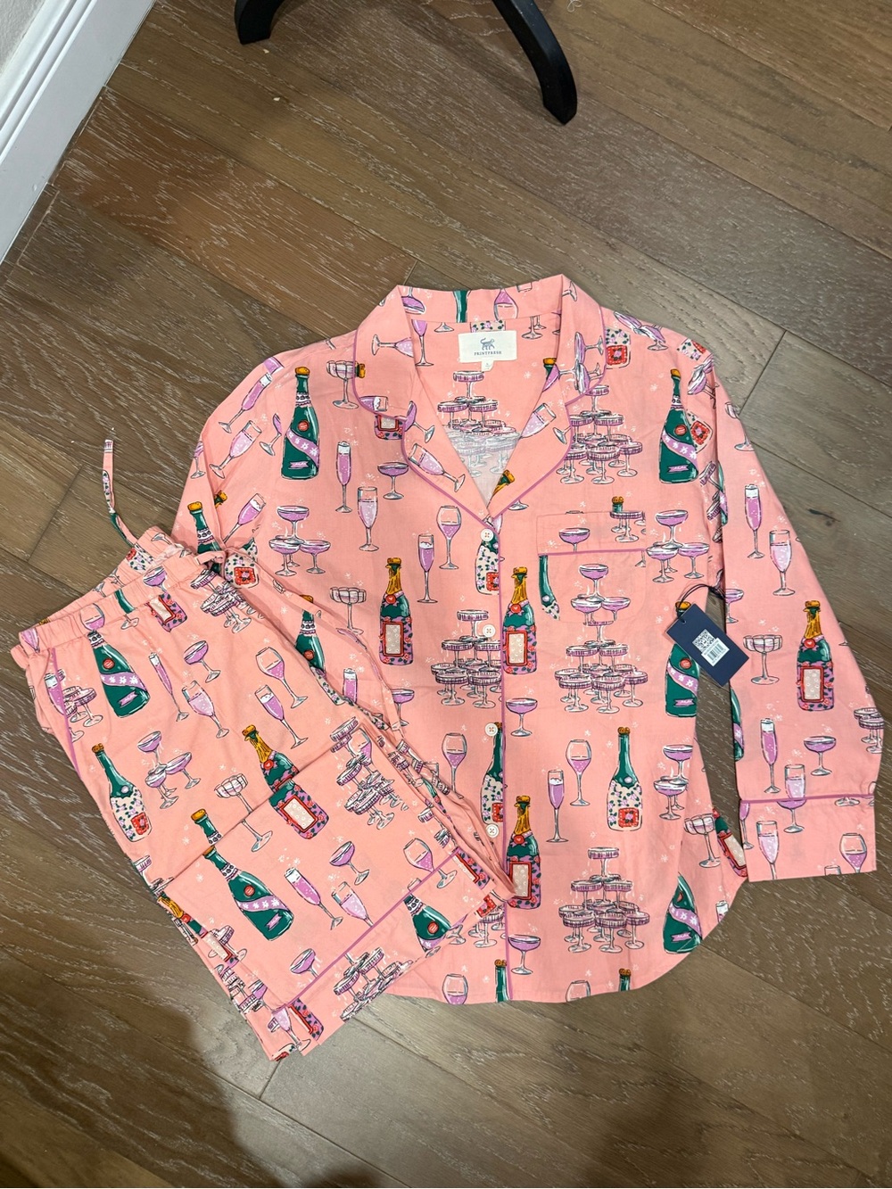 Printfresh Pink Champagne Print Long Pants and Sleeves Pajama Set